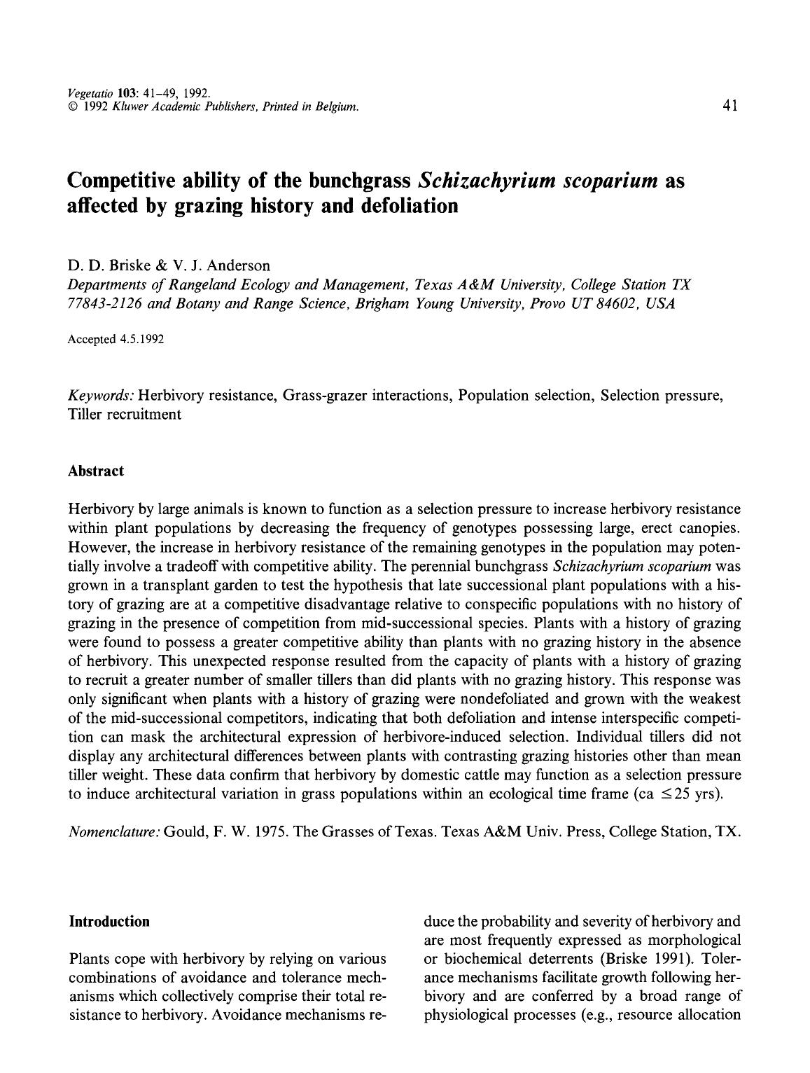 Competitive ability of the bunchgrass <Emphasis Type="Italic">Schizachyrium scoparium <Emphasis> as affected by grazing history and defoliation by Unknown