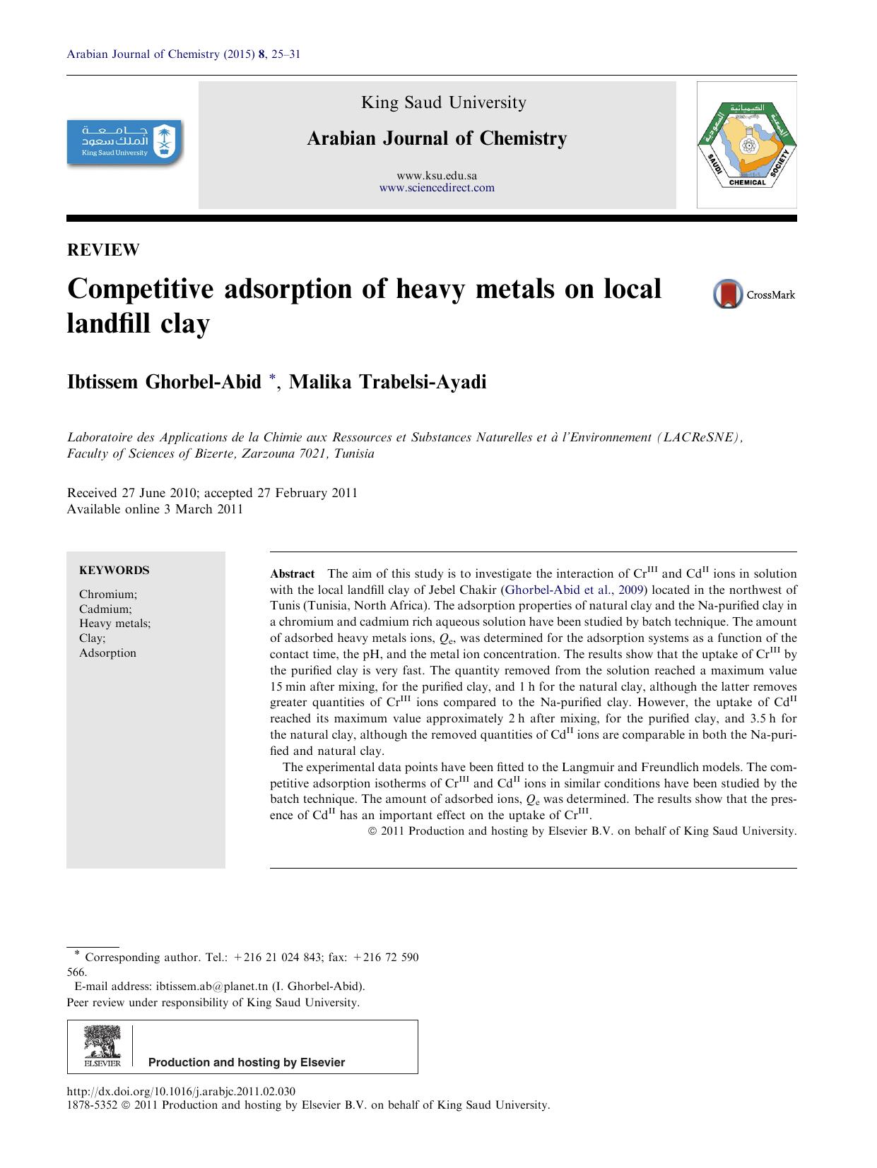 Competitive adsorption of heavy metals on local landfill clay by Ibtissem Ghorbel-Abid & Malika Trabelsi-Ayadi