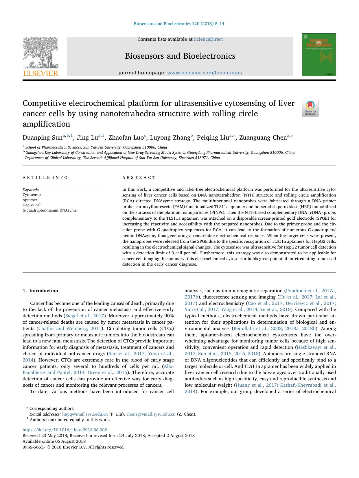 Competitive electrochemical platform for ultrasensitive cytosensing of liver cancer cells by using nanotetrahedra structure with rolling circle amplification by Duanping Sun & Jing Lu & Zhaofan Luo & Luyong Zhang & Peiqing Liu & Zuanguang Chen