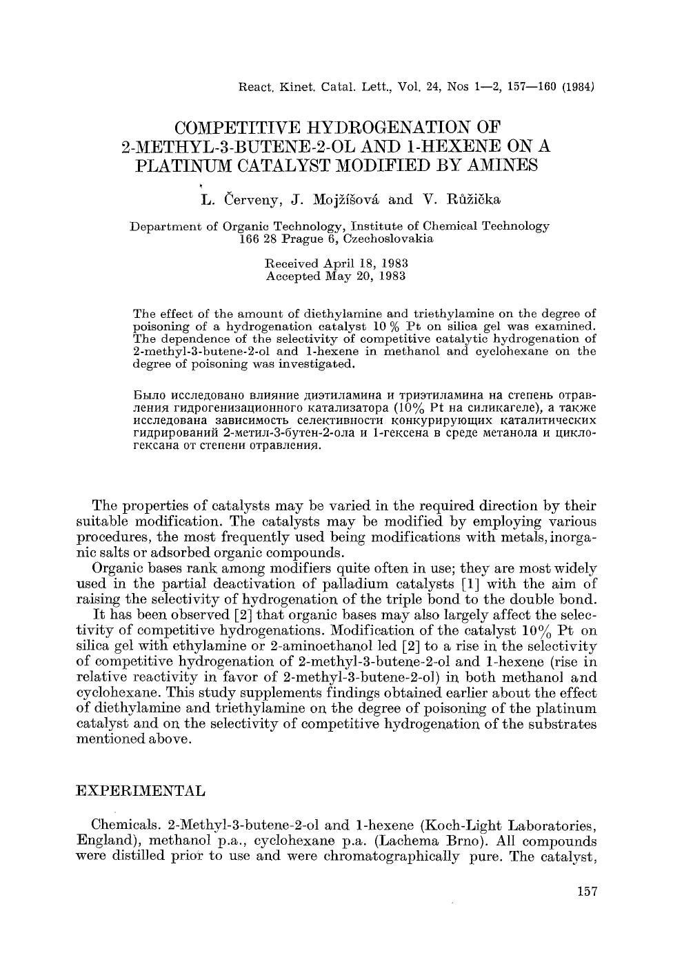 Competitive hydrogenation of 2-methyl-3-butene-2-ol and 1-hexene on a platinum catalyst modified by amines by Unknown