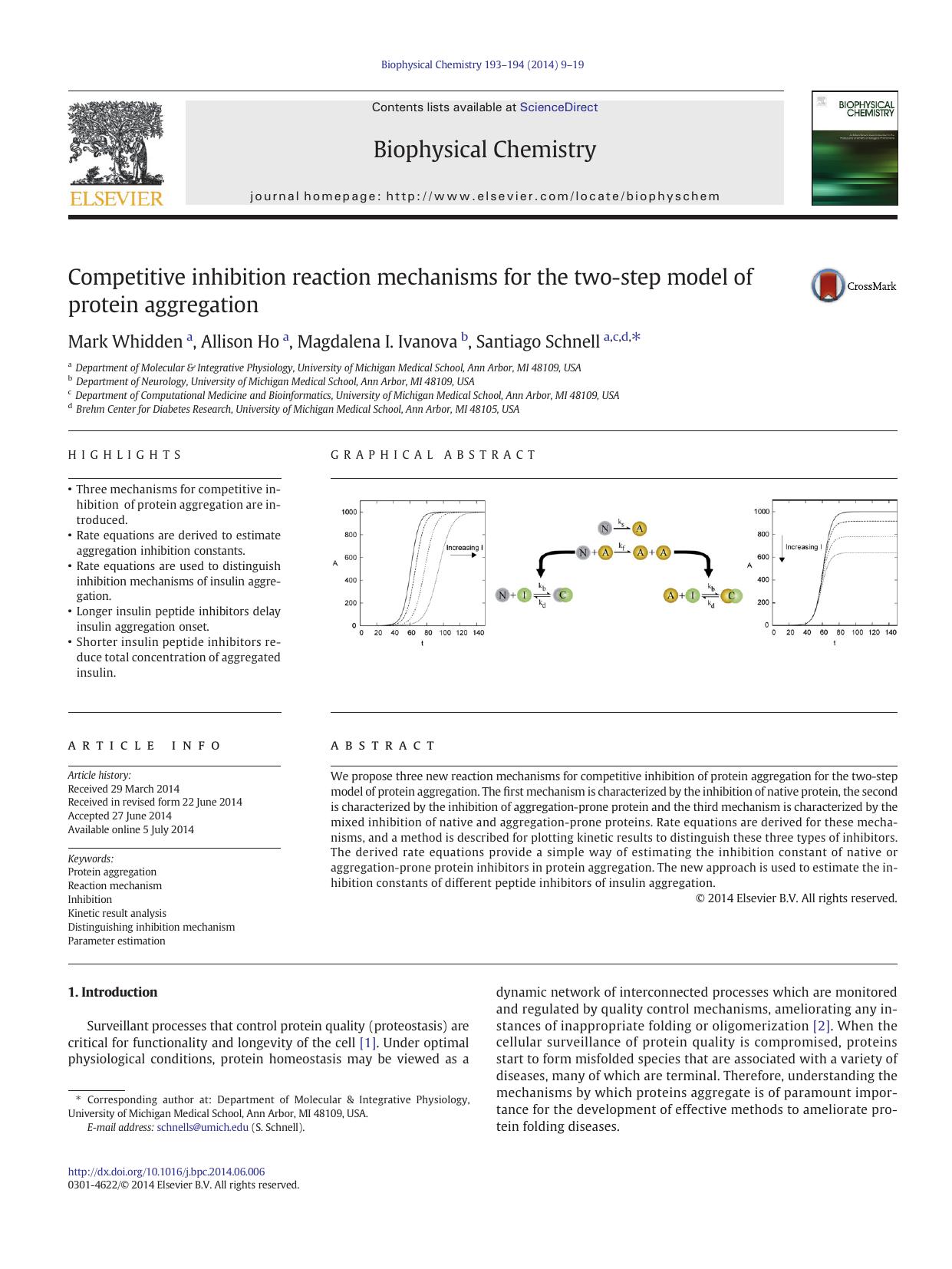 Competitive inhibition reaction mechanisms for the two-step model of protein aggregation by Mark Whidden & Allison Ho & Magdalena I. Ivanova & Santiago Schnell