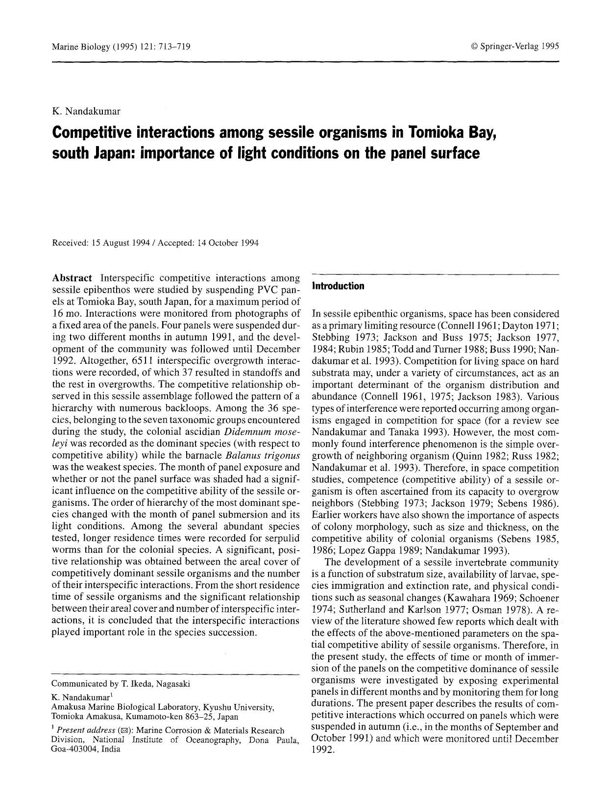 Competitive interactions among sessile organisms in Tomioka Bay, south Japan: importance of light conditions on the panel surface by Unknown