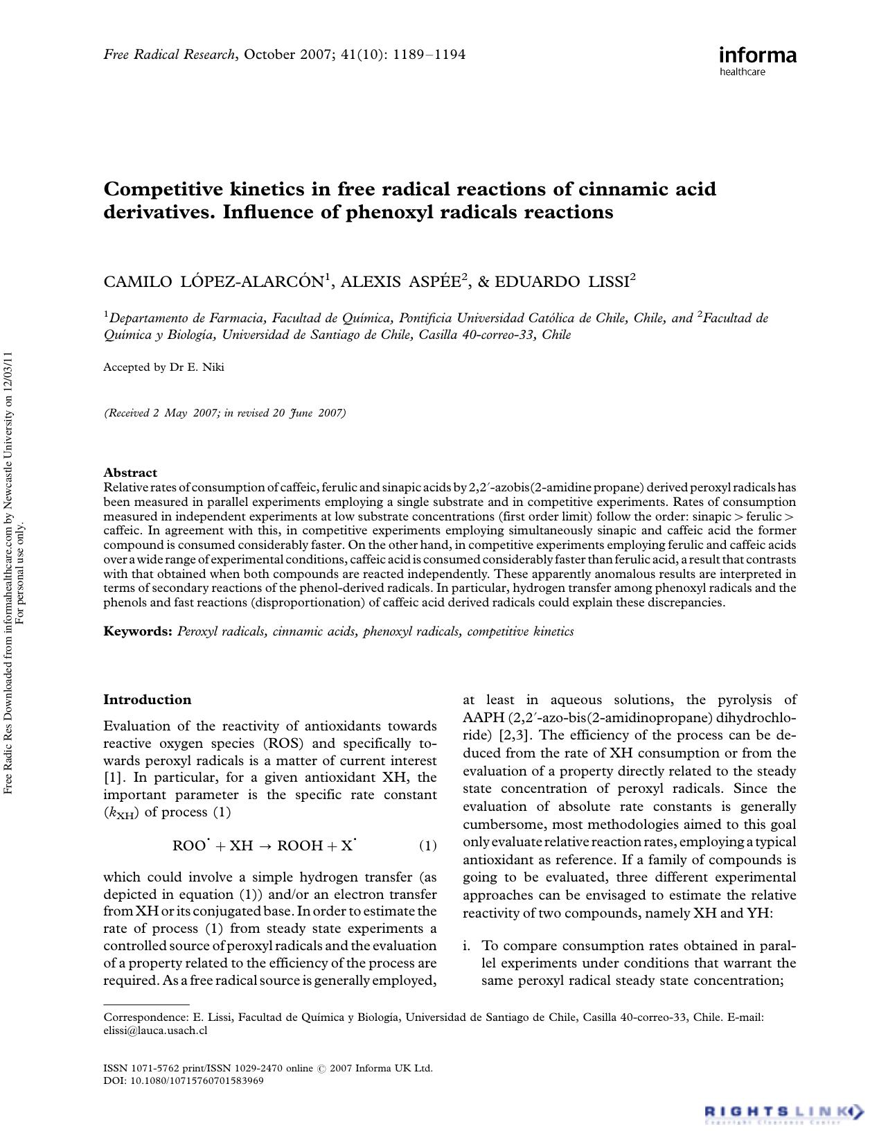 Competitive kinetics in free radical reactions of cinnamic acid derivatives. Influence of phenoxyl radicals reactions by Camilo López-Alarcón1 Alexis Aspée2 & Eduardo Lissi2†