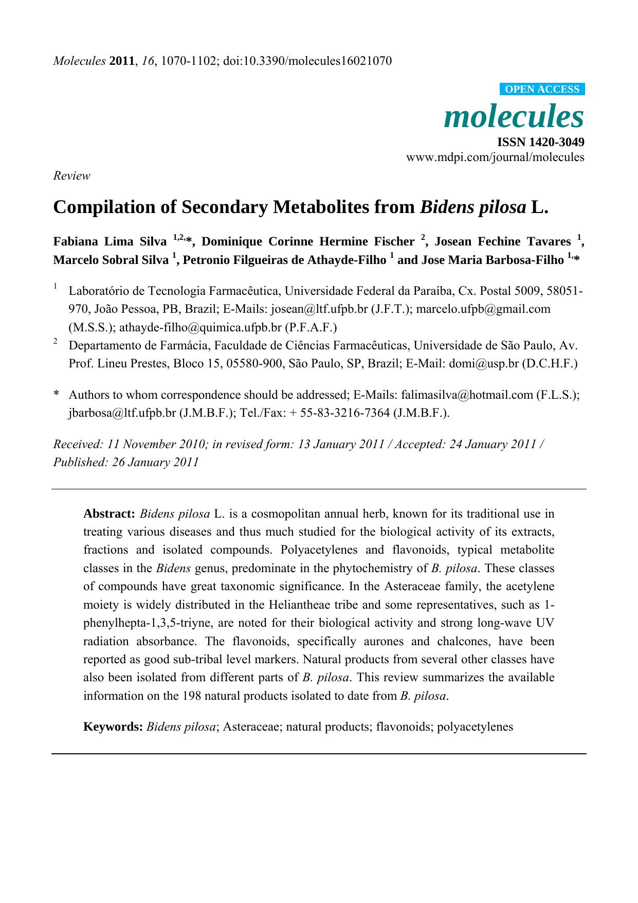 Compilation of Secondary Metabolites from Bidens pilosa L. by unknow
