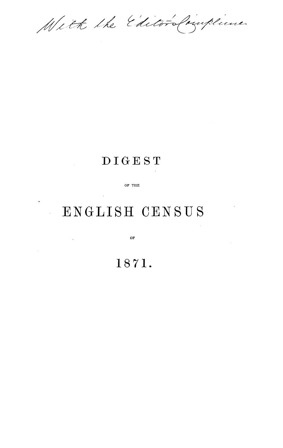 Compiled FROM THE Official Returns AND Edited BY James Lewis - Digest of the english census of 1871 by 1873