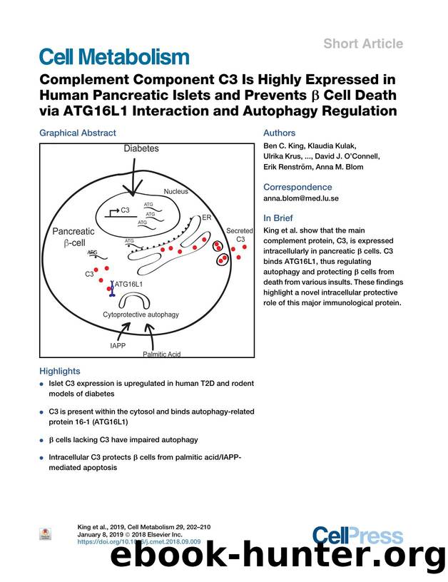 Complement Component C3 Is Highly Expressed in Human Pancreatic Islets and Prevents &beta; Cell Death via ATG16L1 Interaction and Autophagy Regulation by unknow