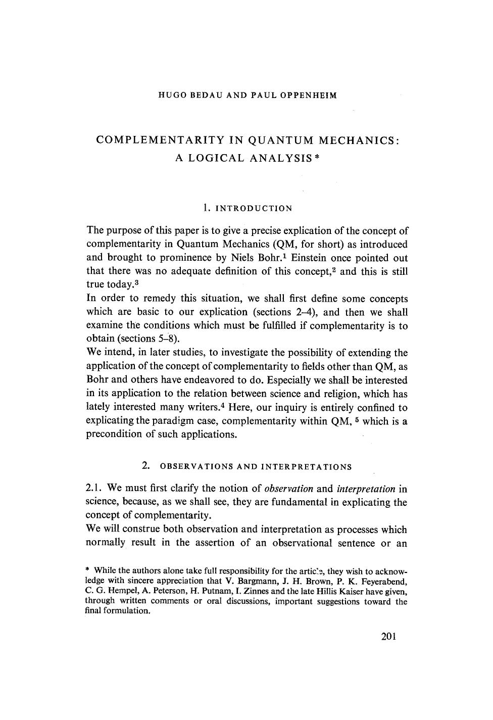 Complementarity in quantum mechanics: A logical analysis by Unknown