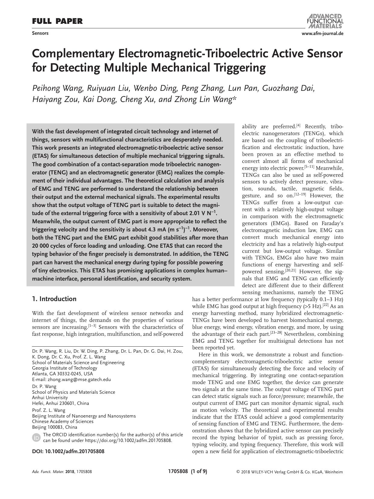 Complementary Electromagnetic‐Triboelectric Active Sensor for Detecting Multiple Mechanical Triggering by Unknown