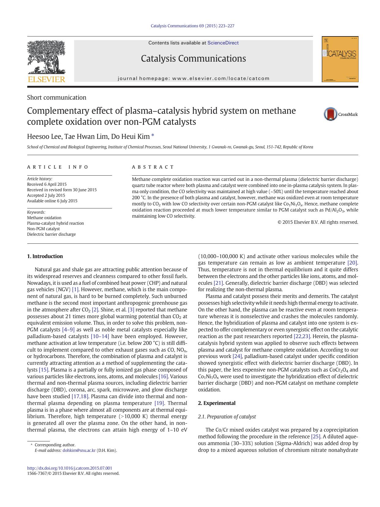 Complementary effect of plasmaâcatalysis hybrid system on methane complete oxidation over non-PGM catalysts by Heesoo Lee & Tae Hwan Lim & Do Heui Kim