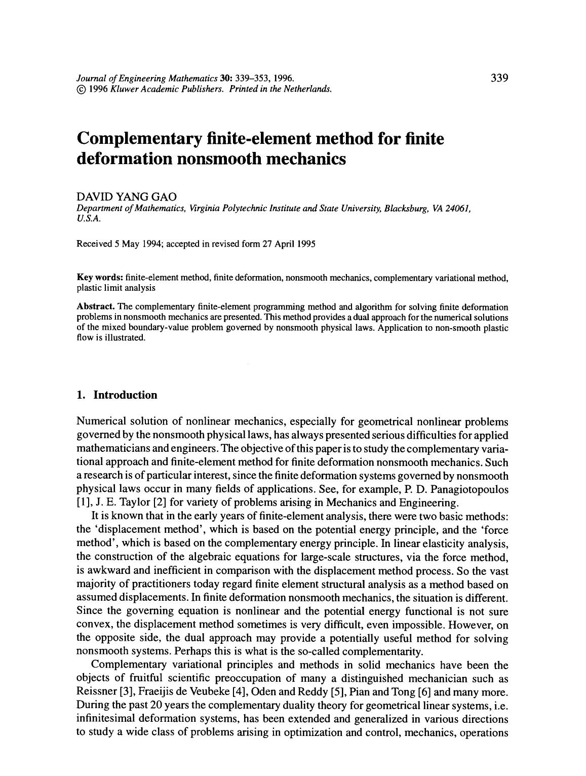 Complementary finite-element method for finite deformation nonsmooth mechanics by Unknown