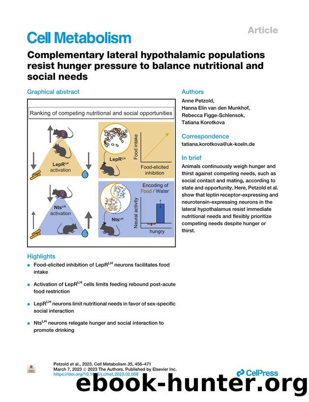 Complementary lateral hypothalamic populations resist hunger pressure to balance nutritional and social needs by Anne Petzold & Hanna Elin van den Munkhof & Rebecca Figge-Schlensok & Tatiana Korotkova