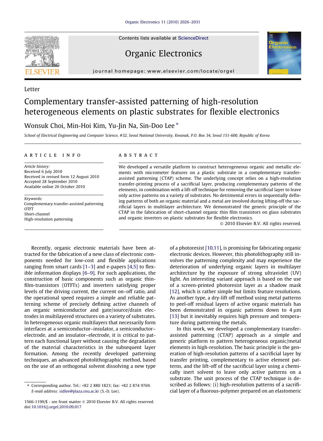 Complementary transfer-assisted patterning of high-resolution heterogeneous elements on plastic substrates for flexible electronics by Wonsuk Choi & Min-Hoi Kim & Yu-Jin Na & Sin-Doo Lee
