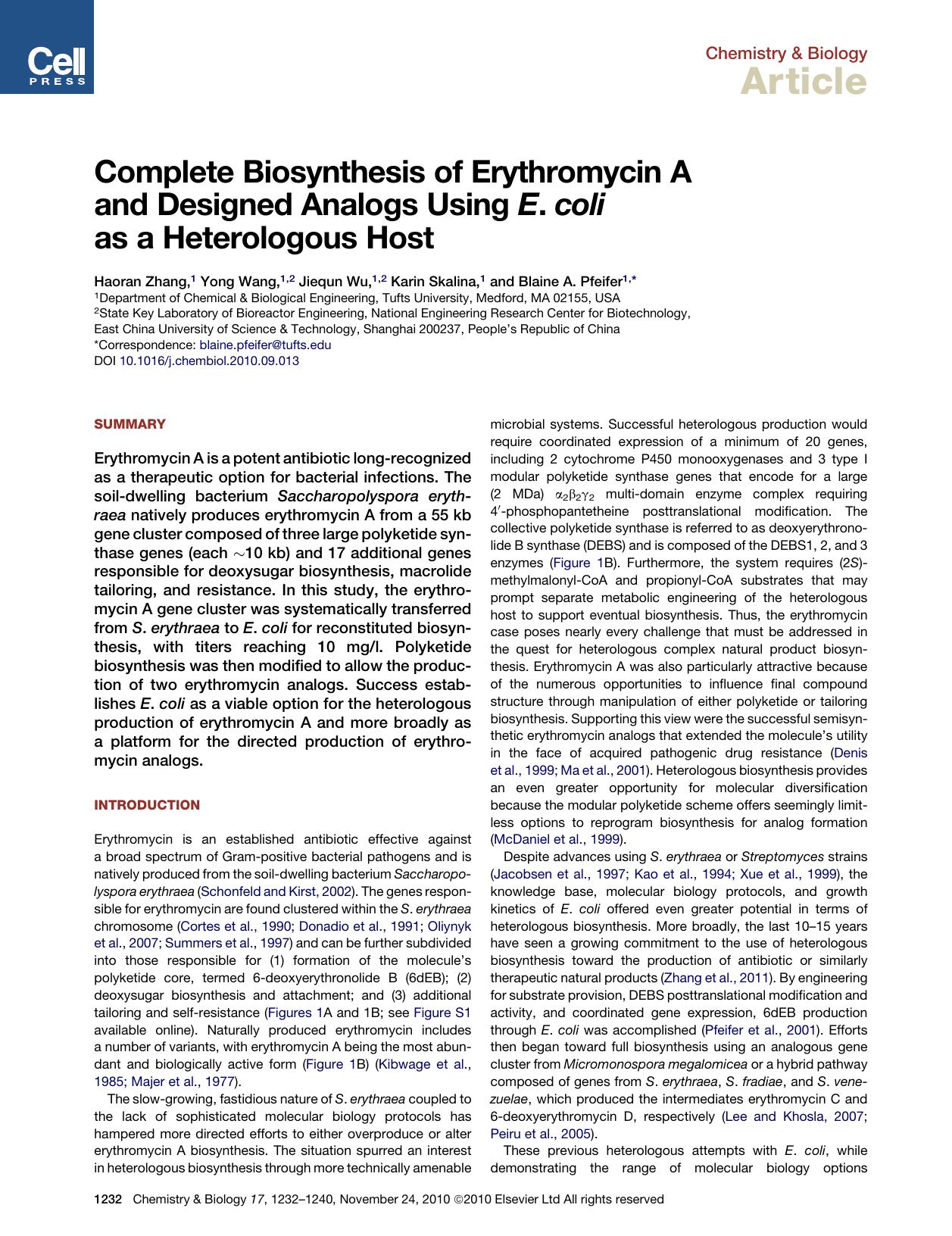 Complete Biosynthesis of Erythromycin A and Designed Analogs Using E. coli as a Heterologous Host by Haoran Zhang & Yong Wang & Jiequn Wu & Karin Skalina & Blaine A. Pfeifer