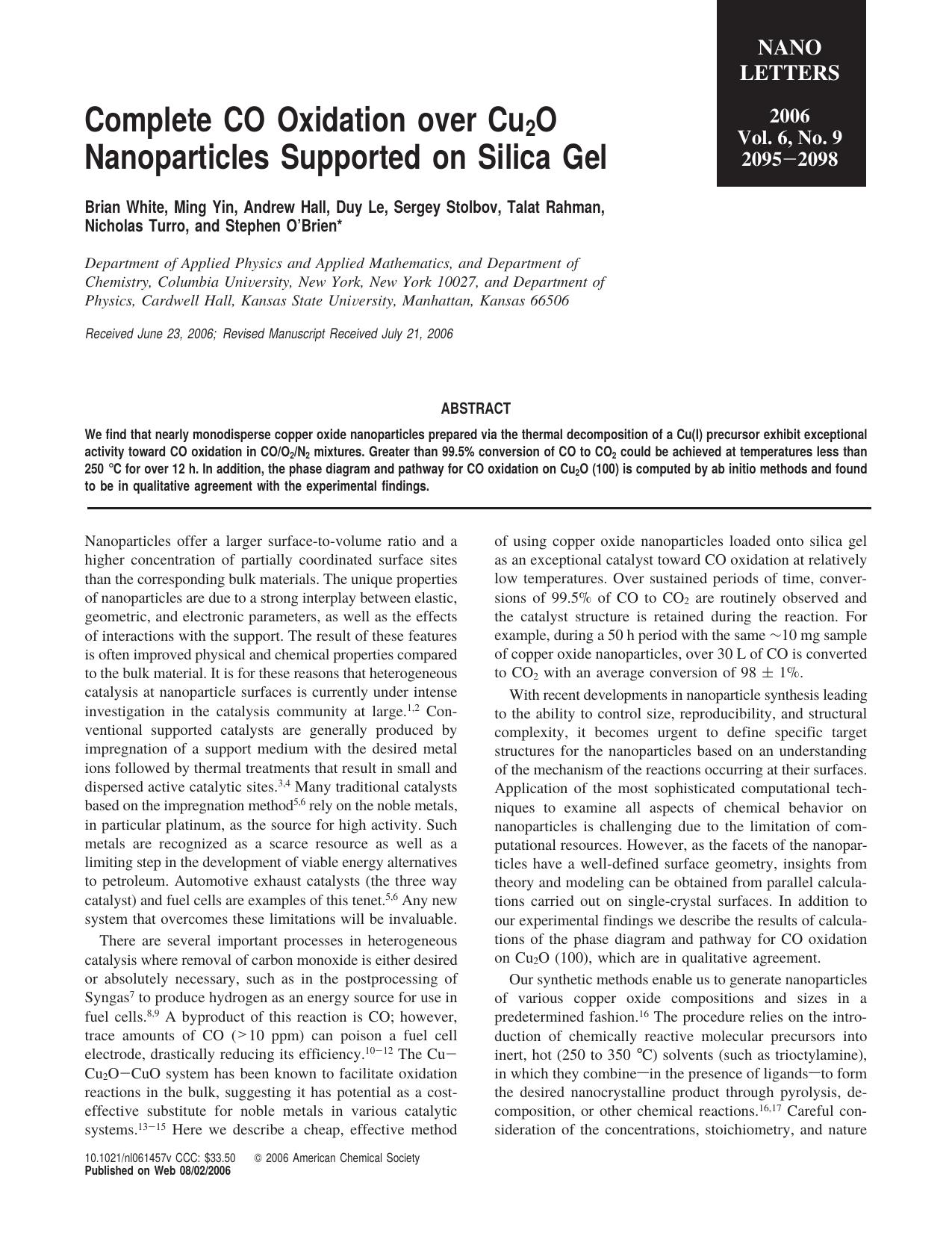 Complete CO Oxidation over Cu<sub>2<sub>O Nanoparticles Supported on Silica Gel by Unknown