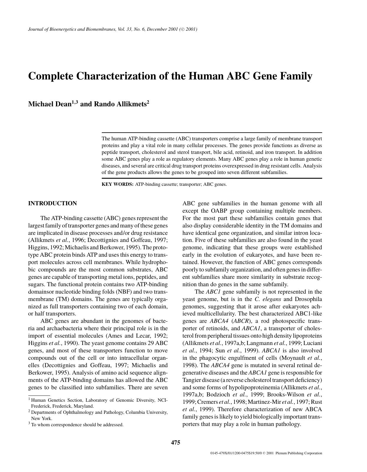 Complete Characterization of the Human ABC Gene Family by Unknown