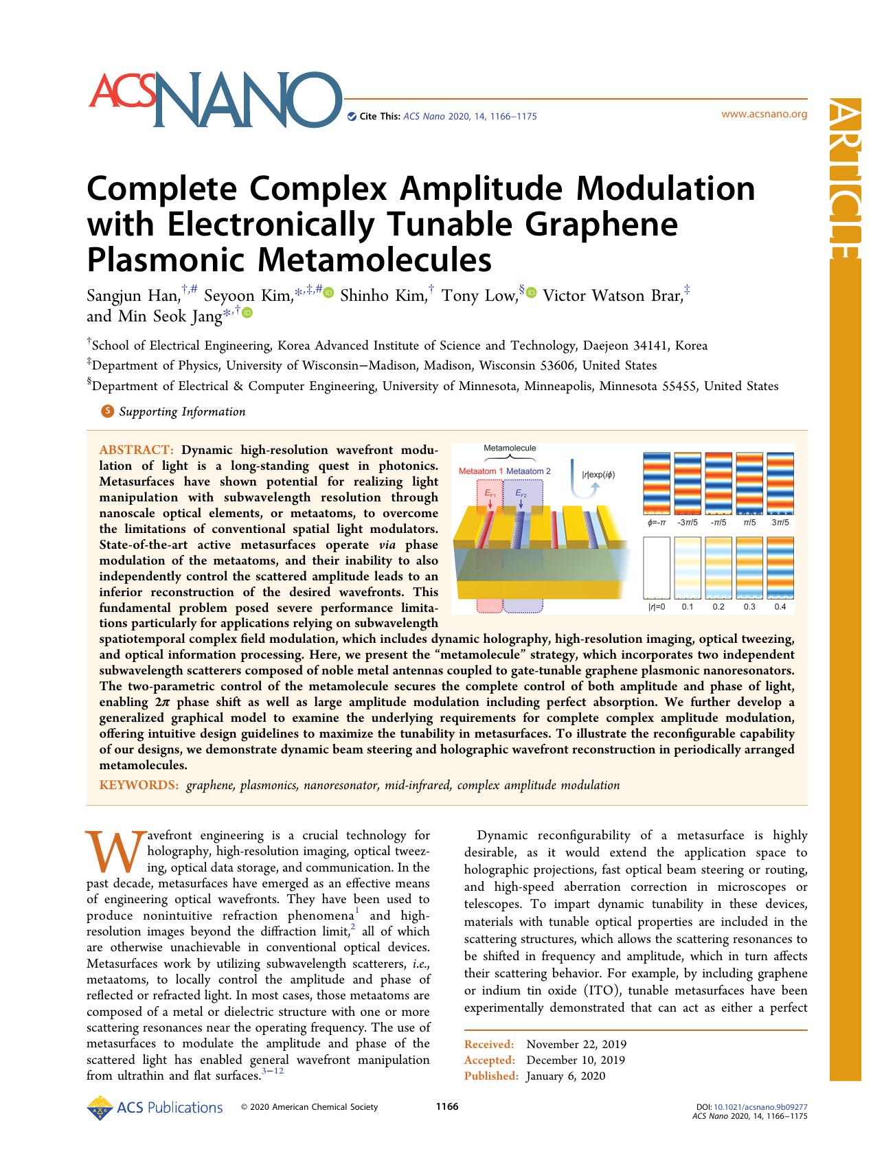 Complete Complex Amplitude Modulation with Electronically Tunable Graphene Plasmonic Metamolecules by Sangjun Han Seyoon Kim Shinho Kim Tony Low Victor Watson Brar and Min Seok Jang