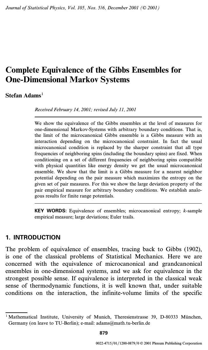 Complete Equivalence of the Gibbs Ensembles for One-Dimensional Markov Systems by Unknown