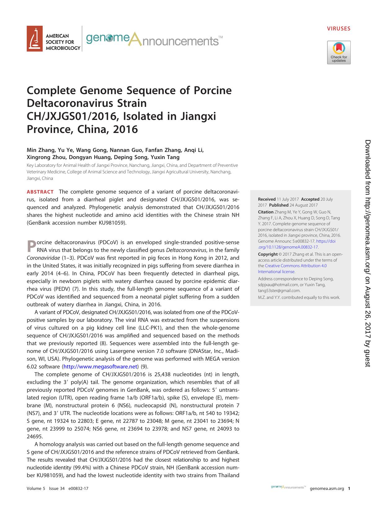 Complete Genome Sequence of Porcine Deltacoronavirus Strain CHJXJGS012016, Isolated in Jiangxi Province, China, 2016 by Unknown