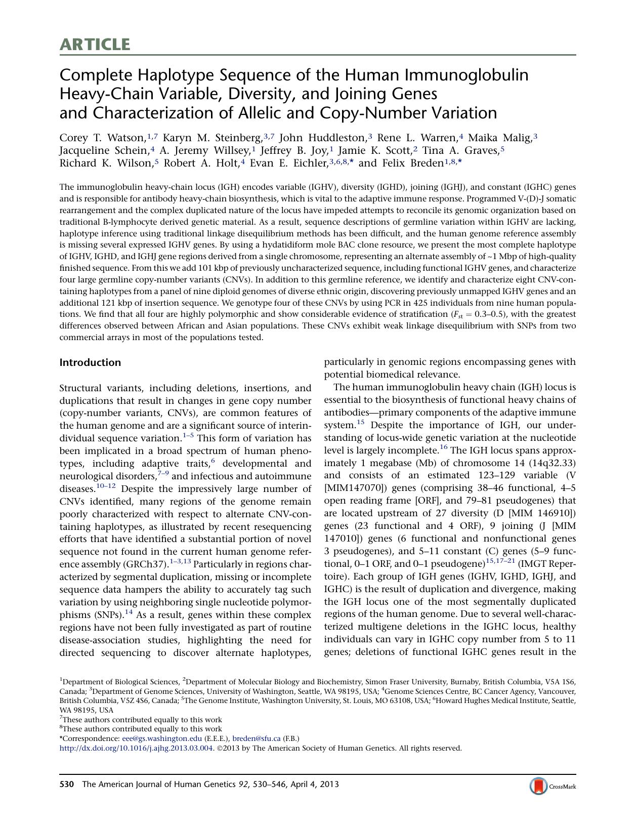 Complete Haplotype Sequence of the Human Immunoglobulin Heavy-Chain Variable, Diversity, and Joining Genes and Characterization of Allelic and Copy-Number Variation by unknow