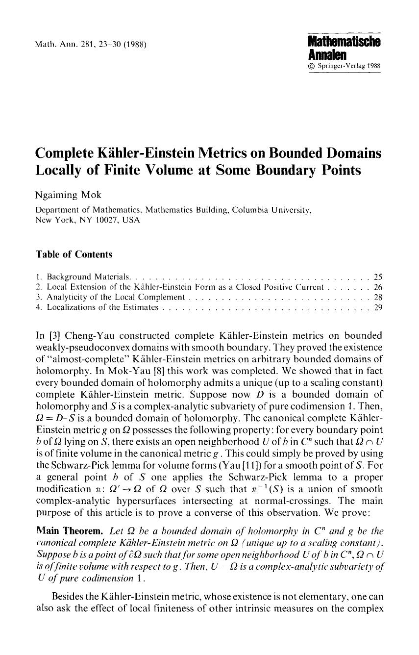 Complete Kähler-Einstein metrics on bounded domains locally of finite volume at some boundary points by Unknown