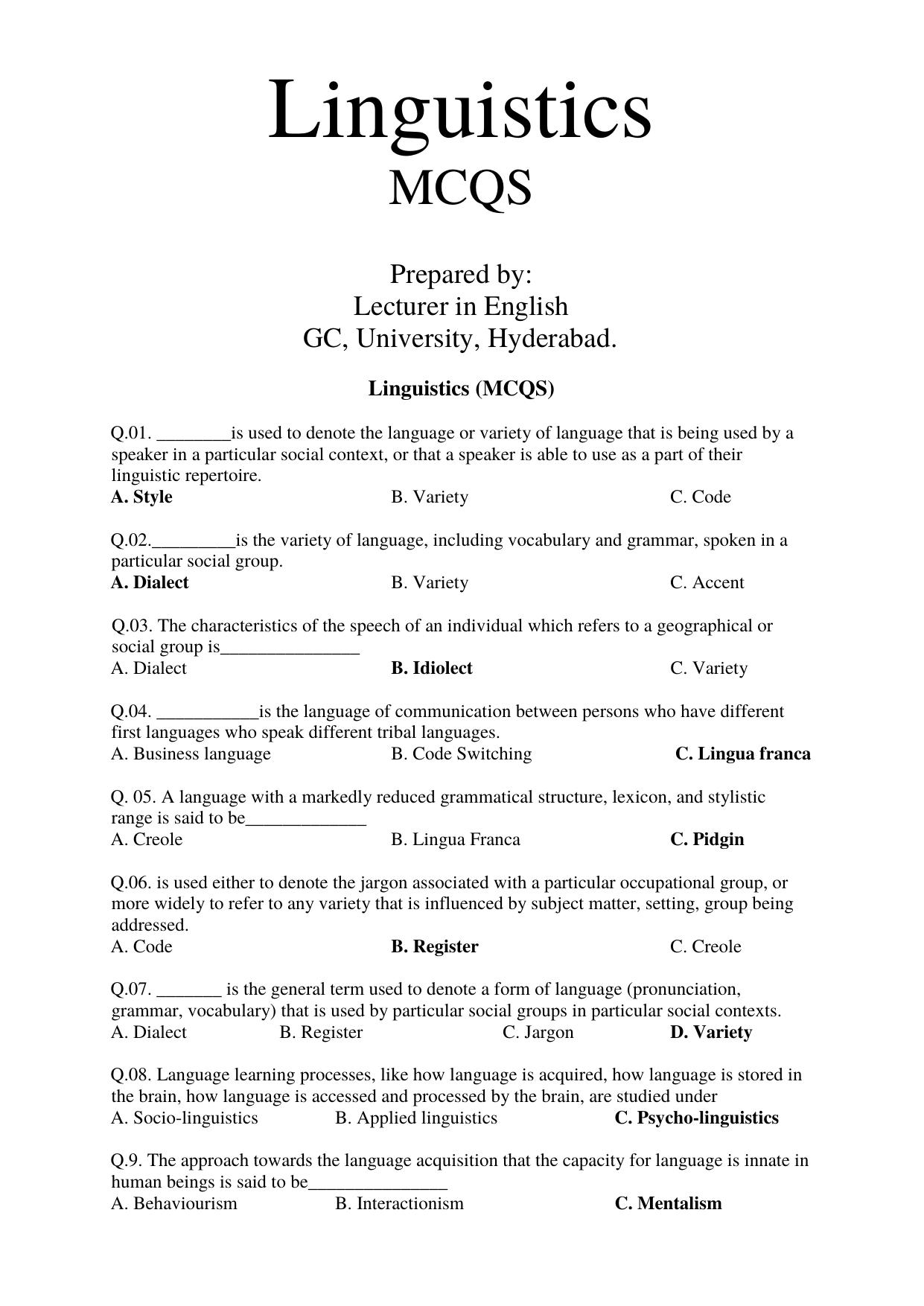 Complete Linguistics MCQs by University Hyderabad