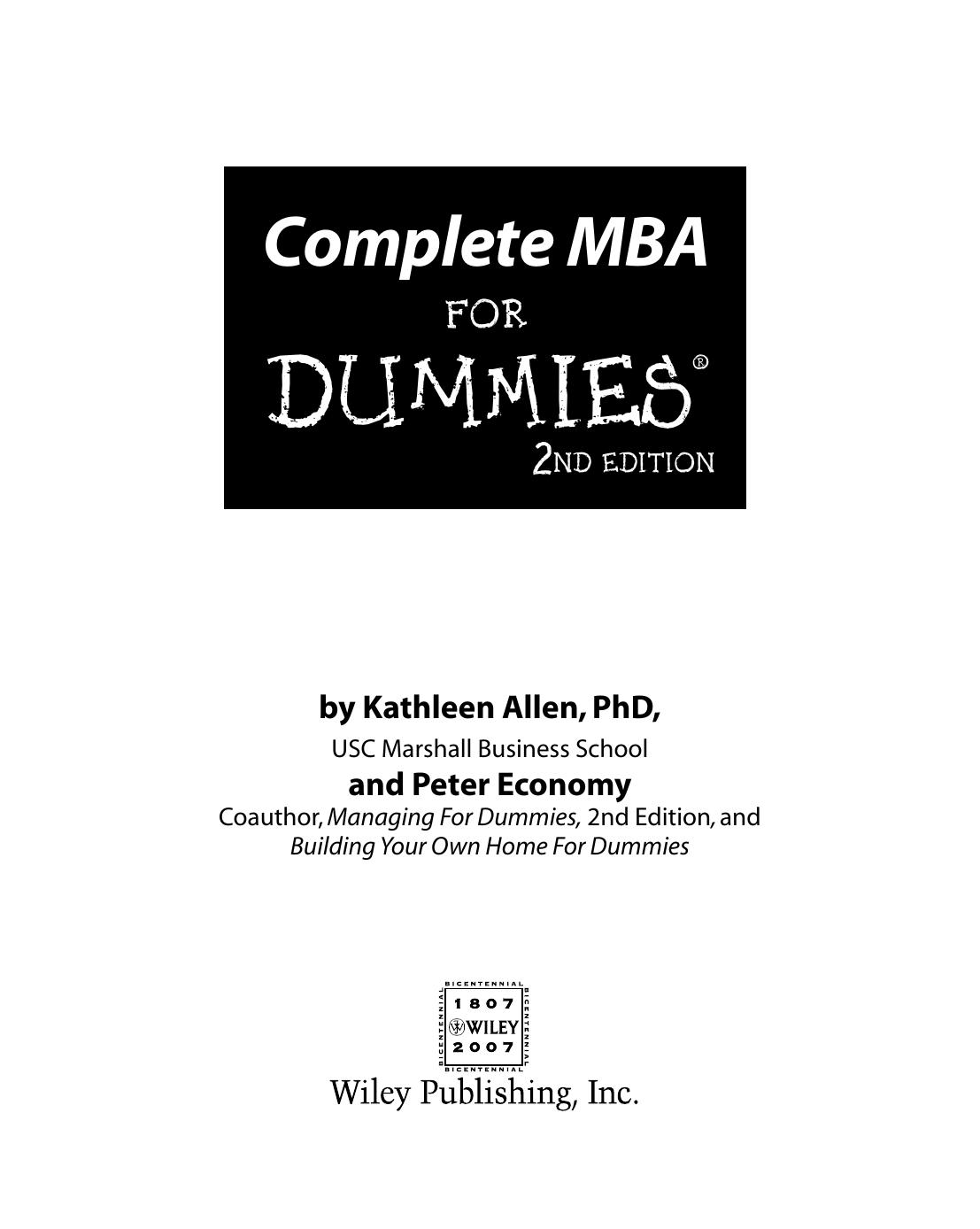 Complete MBA for Dummies - 2nd Edition by Katln Aln Phd