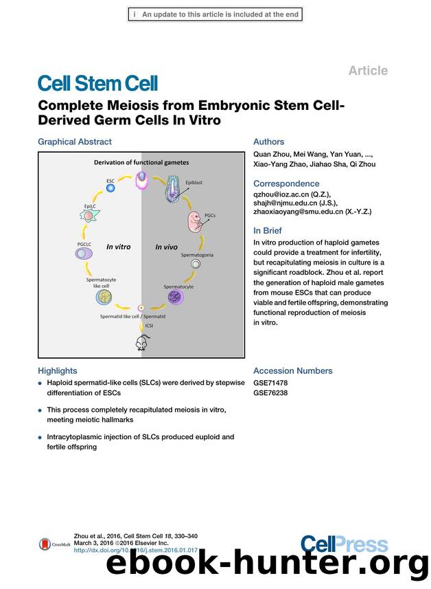 Complete Meiosis from Embryonic Stem Cell-Derived Germ Cells In&nbsp;Vitro by unknow