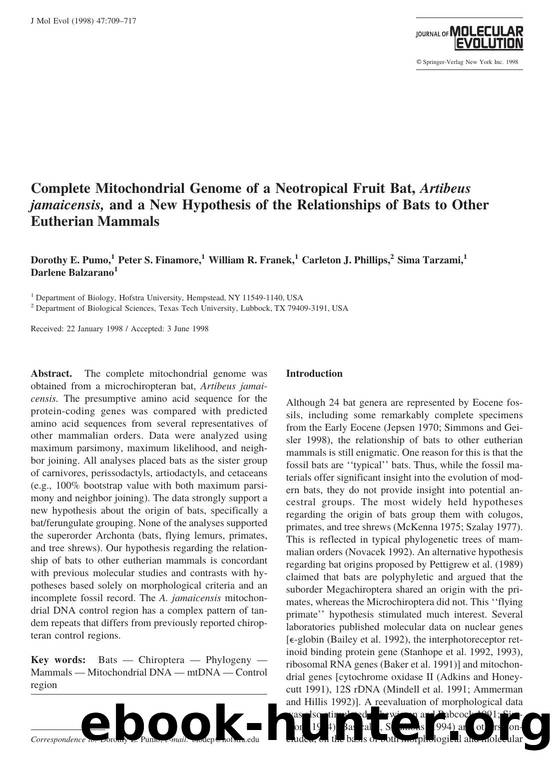 Complete Mitochondrial Genome of a Neotropical Fruit Bat, Artibeus jamaicensis, and a New Hypothesis of the Relationships of Bats to Other Eutherian Mammals by Pumo D. et al