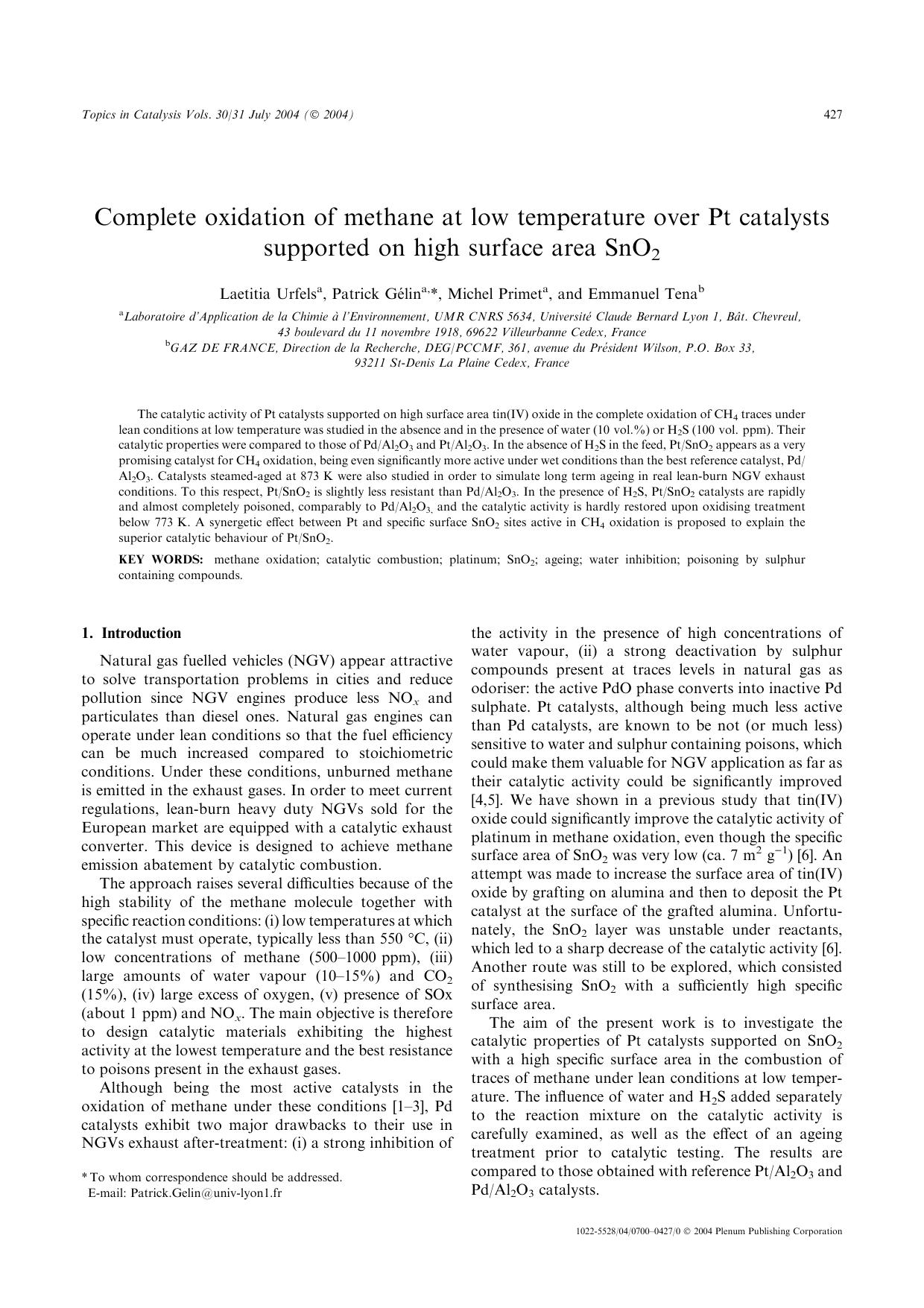Complete Oxidation of Methane at Low Temperature over Pt Catalysts Supported on High Surface Area SnO<Subscript>2<Subscript> by Unknown