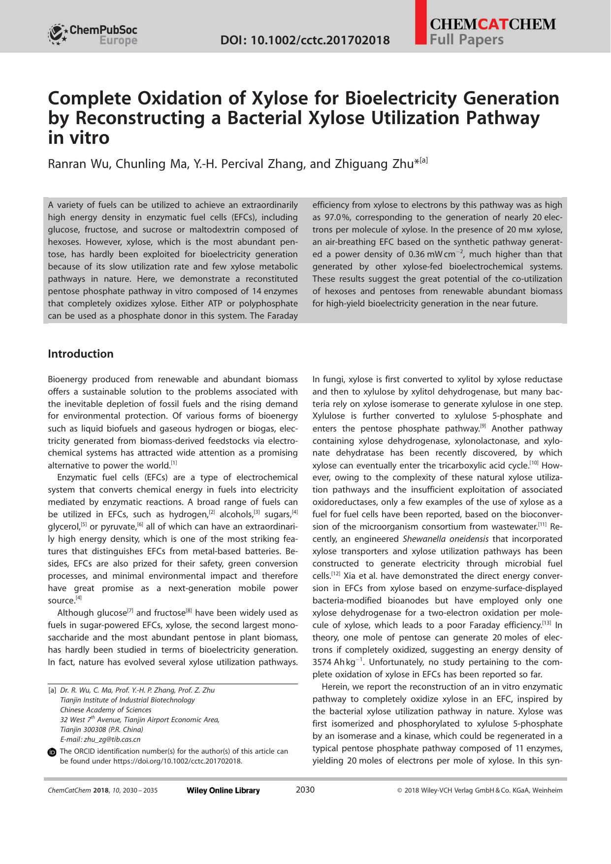 Complete Oxidation of Xylose for Bioelectricity Generation by Reconstructing a Bacterial Xylose Utilization Pathway inâvitro by Unknown