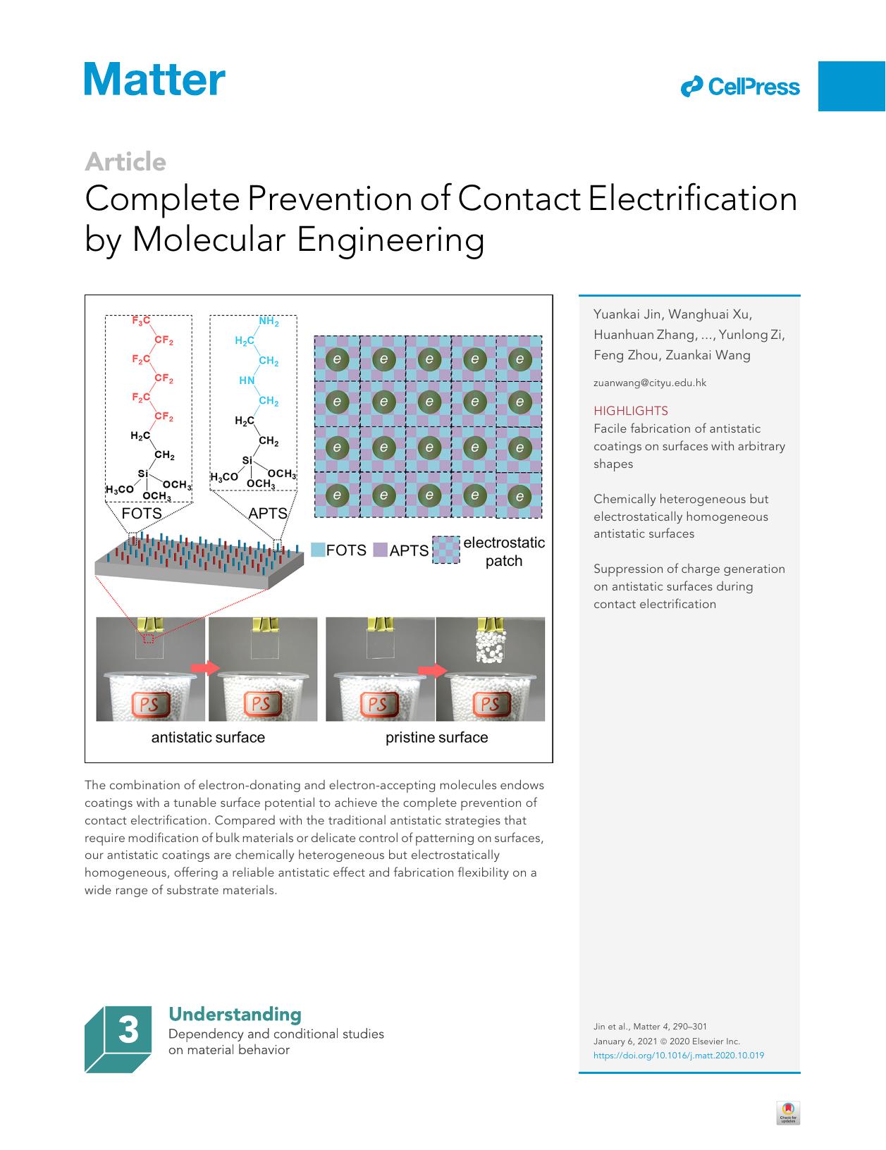 Complete Prevention of Contact Electrification by Molecular Engineering by unknow