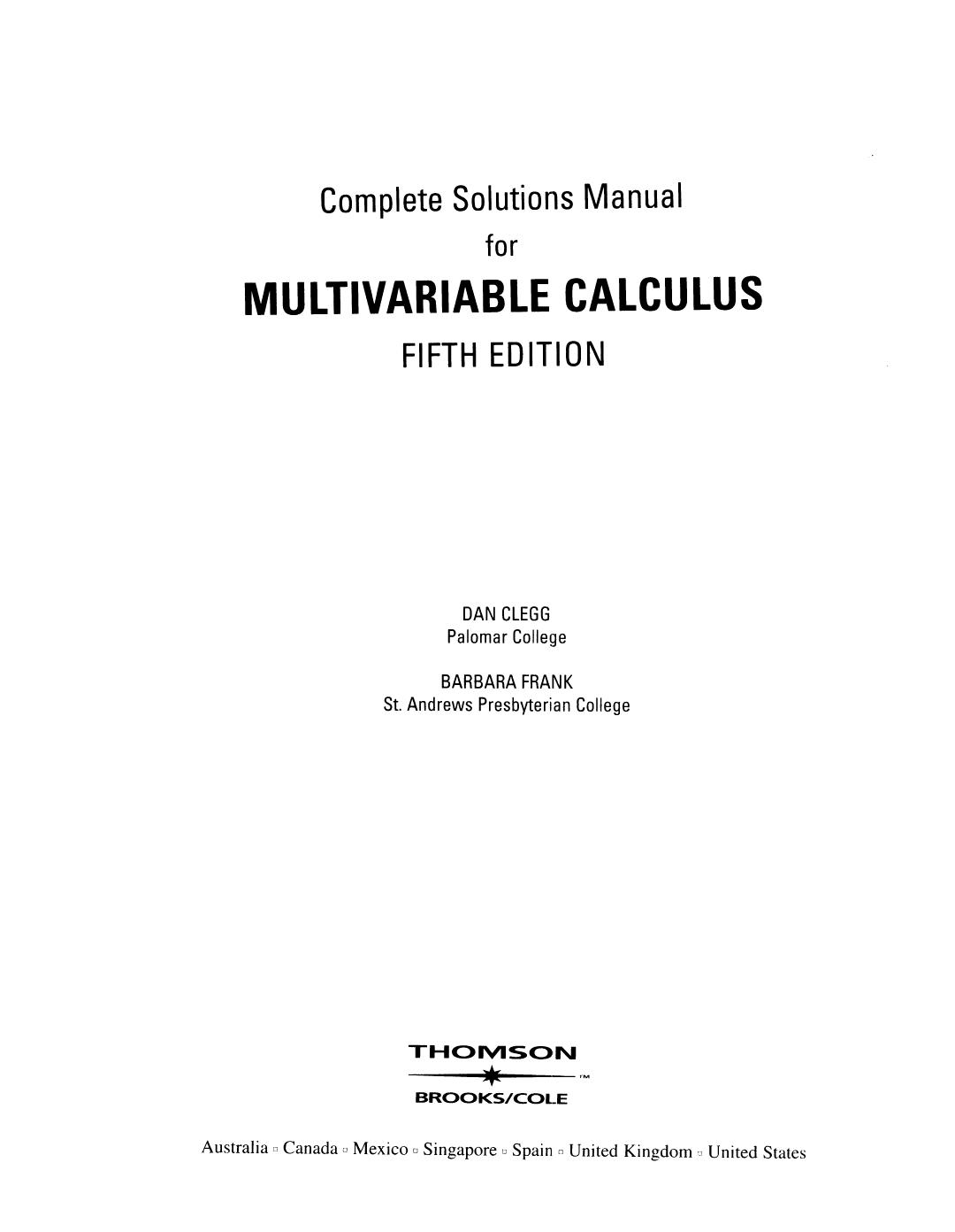 Complete Solutions Manual - Multivariable Calculus, 5th edition by James Stewart