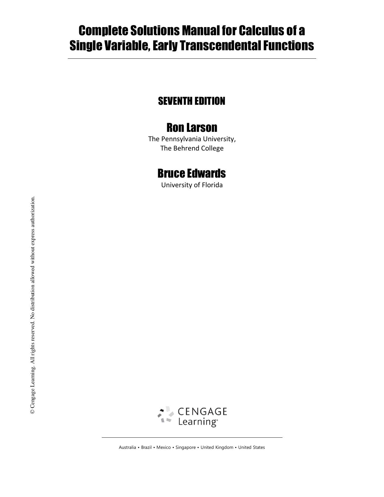Complete Solutions Manual for Calculus of a Single Variable, Early Transcendental Functions by Ron Larson