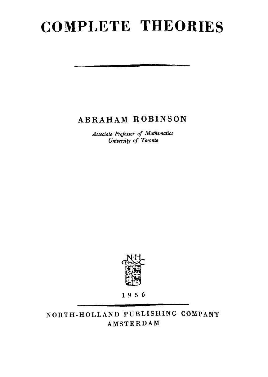 Complete Theories by Abraham Robinson (Eds.)