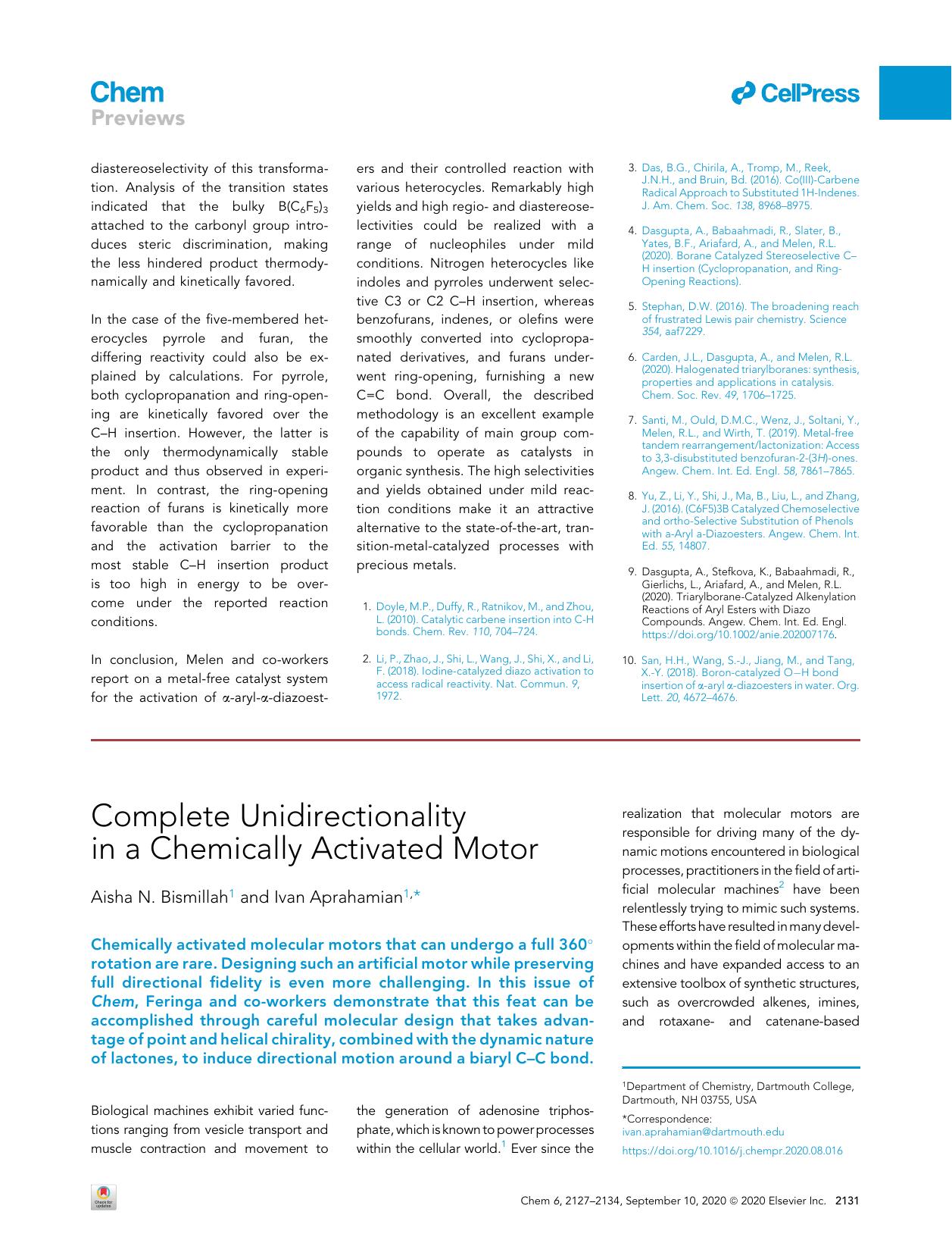 Complete Unidirectionality in a Chemically Activated Motor by Aisha N. Bismillah & Ivan Aprahamian