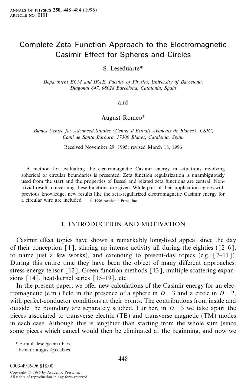 Complete Zeta-Function Approach to the Electromagnetic Casimir Effect for Spheres and Circles by Leseduarte S