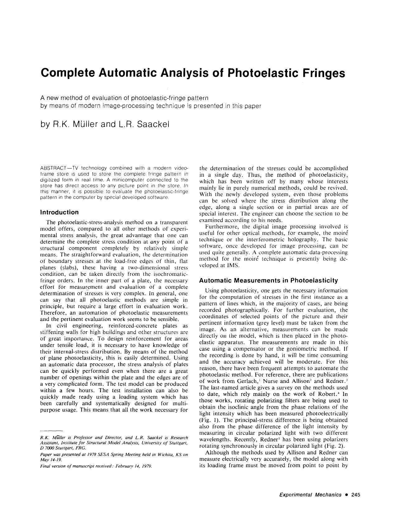 Complete automatic analysis of photoelastic fringes by Unknown