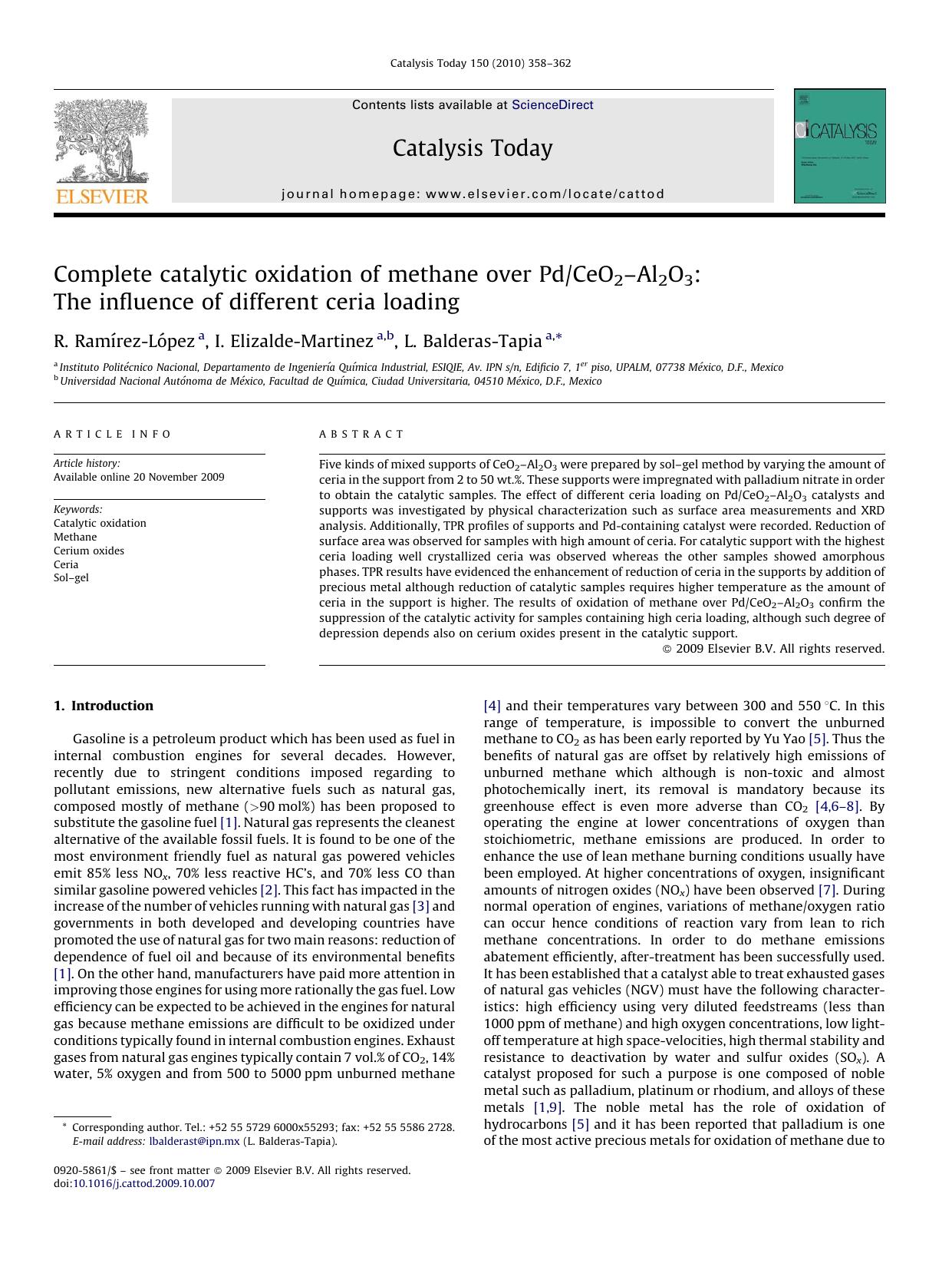 Complete catalytic oxidation of methane over PdCeO2Ã¢â¬âAl2O3: The influence of different ceria loading by R. RamÃ­rez-LÃ³pez; I. Elizalde-Martinez; L. Balderas-Tapia