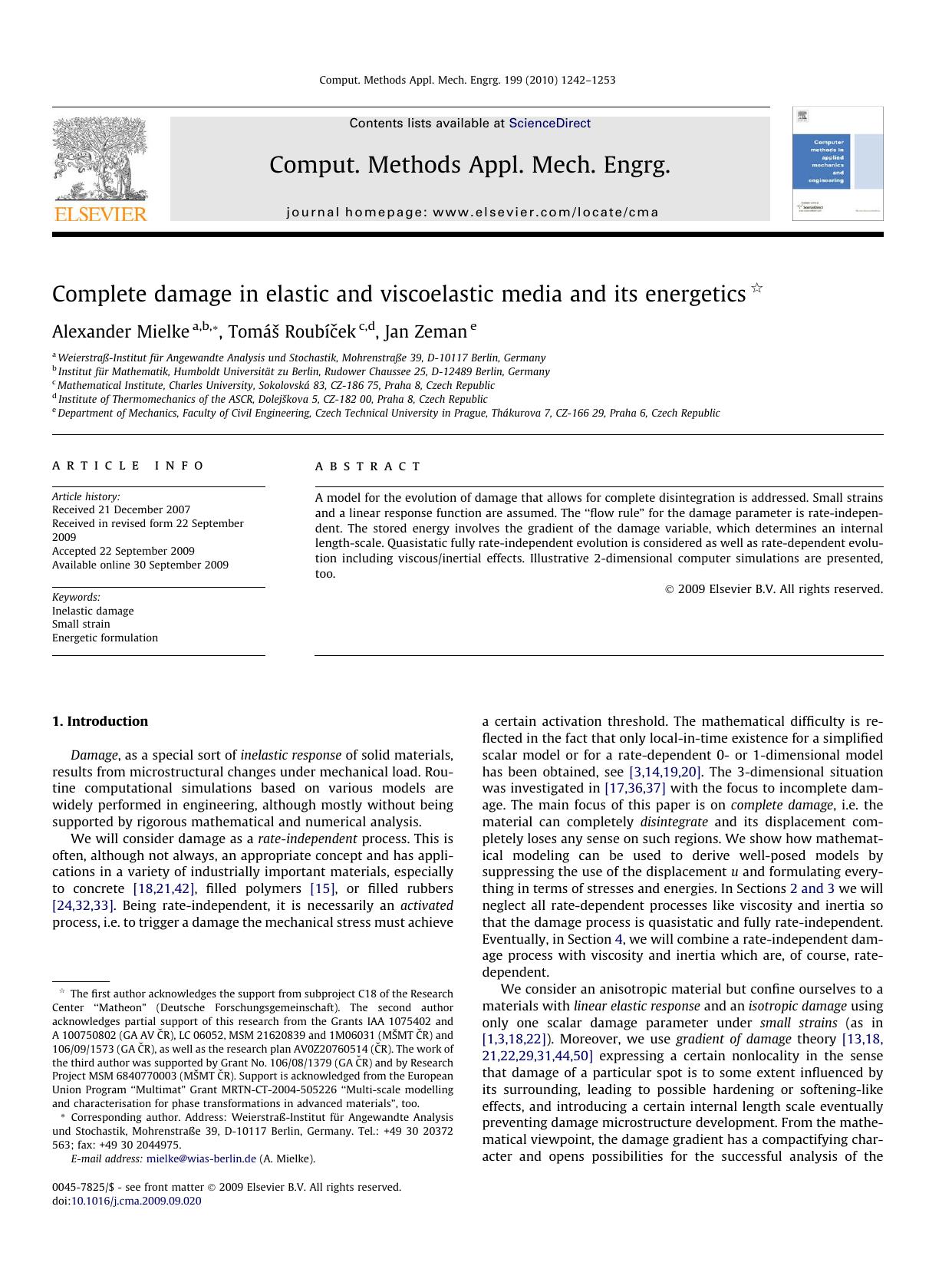 Complete damage in elastic and viscoelastic media and its energetics by Alexander Mielke; Tomáš Roubíček; Jan Zeman