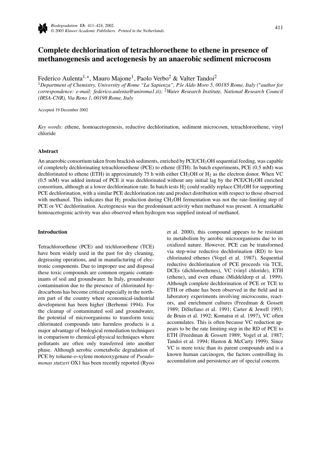 Complete dechlorination of tetrachloroethene to ethene in presence of methanogenesis and acetogenesis by an anaerobic sediment microcosm by Unknown