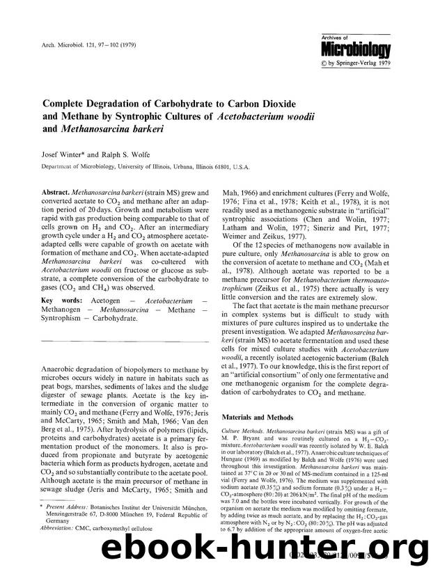 Complete degradation of carbohydrate to carbon dioxide and methane by syntrophic cultures of <Emphasis Type="Italic">Acetobacterium woodii<Emphasis> and <Emphasis Type="Italic">Met by Unknown