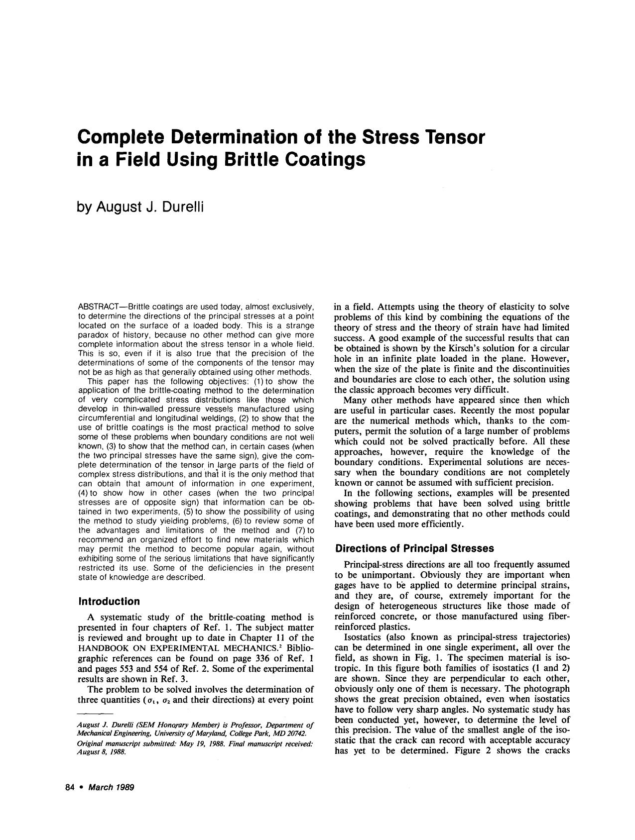 Complete determination of the stress tensor in a field using brittle coatings by Unknown