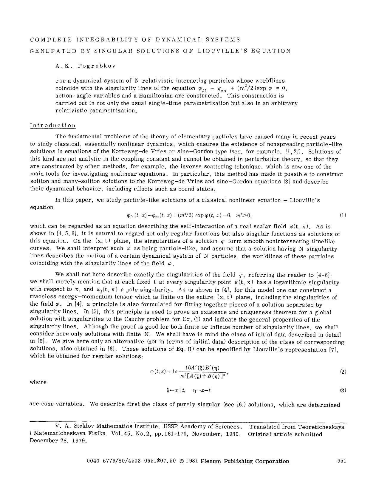 Complete integrability of dynamical systems generated by singular solutions of liouville's equation by Unknown