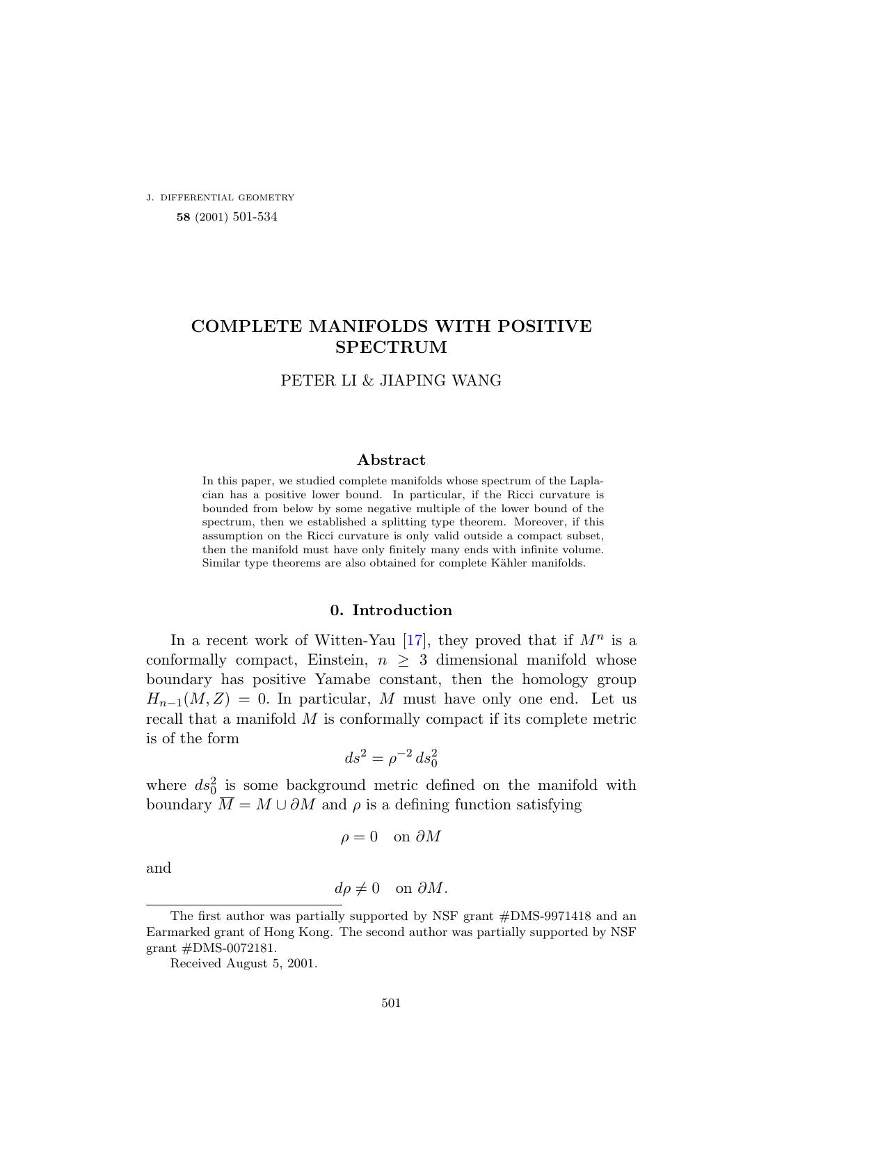 Complete manifolds with positive spectrum by Peter Li & Jiaping Wang