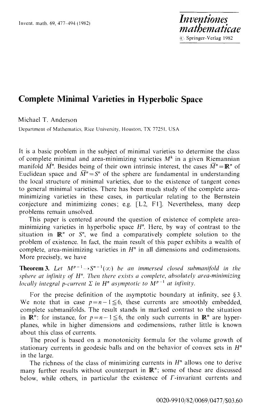 Complete minimal varieties in hyperbolic space by Unknown