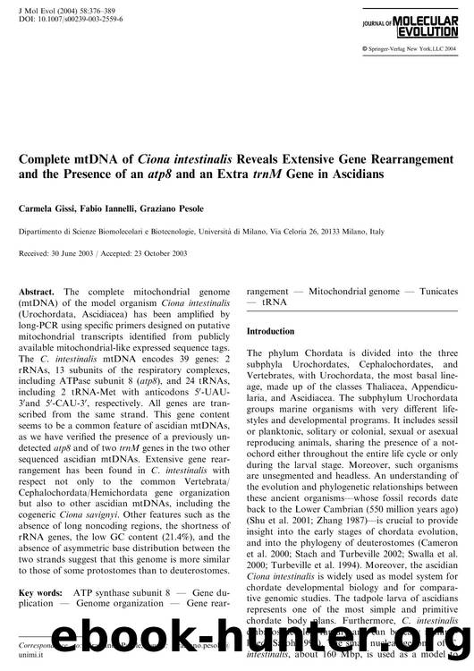 Complete mtDNA of Ciona intestinalis Reveals Extensive Gene Rearrangement and the Presence of an atp8 and an Extra trnM Gene in Ascidians by Gissi C. et al