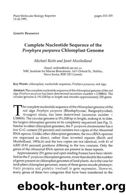 Complete nucleotide sequence of the <Emphasis Type="Italic">Porphyra purpurea <Emphasis> chloroplast genome by Unknown