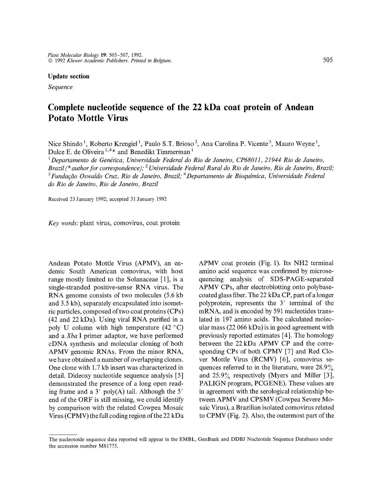 Complete nucleotide sequence of the 22 kDa coat protein of Andean Potato Mottle Virus by Unknown