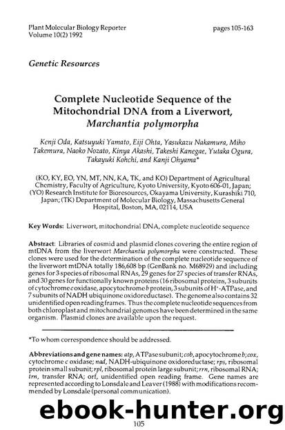 Complete nucleotide sequence of the mitochondrial DNA from a liverwort, <Emphasis Type="Italic">Marchantia polymorpha <Emphasis> by Unknown