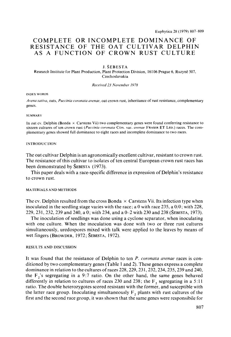 Complete or incomplete dominance of resistance of the oat cultivar Delphin as a function of crown rust culture by Unknown